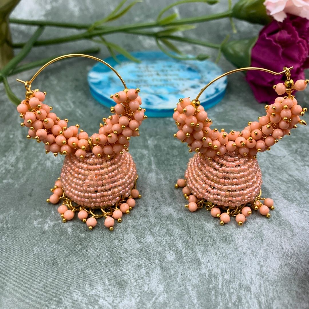 Jhumka Earrings For Women & Girls, Traditional Pearl Jhumki & Hoop Style Earrings - Peach